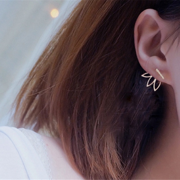 Lotus Flower Bar Gold Color Stud Earrings - Picture 2 of 4